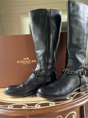 Coach Mabel Riding Black Leather Knee Boots with Chain Harness